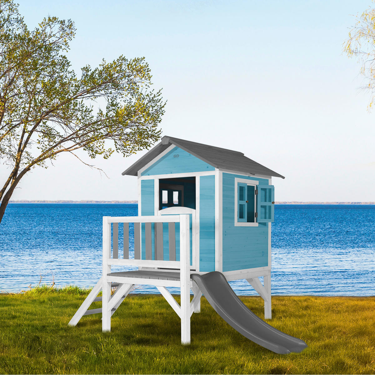 AXI Spielhaus Lodge XL blau B/H/L: ca. 240x189x167 cm Lodge XL - blau/grau (167,00/240,00/189,00cm) - AXI