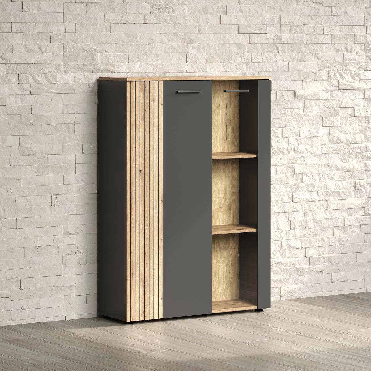Vitrine Esteban anthrazit Eiche Evoke Coast Nachbildung B/H/T: ca. 90x132x34 cm Esteban - Eiche/anthrazit (90,00/132,00/34,00cm)