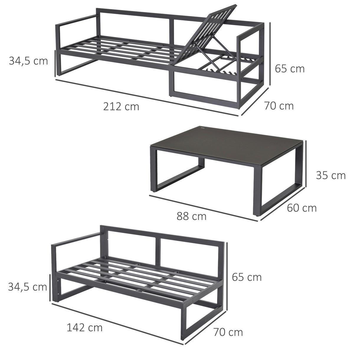 Outsunny Gartensitzgruppe schwarz Glas B/H/L: ca. 70x65x212 cm Gartensitzgruppe - schwarz/grau (212,00/70,00/65,00cm) - Outsunny
