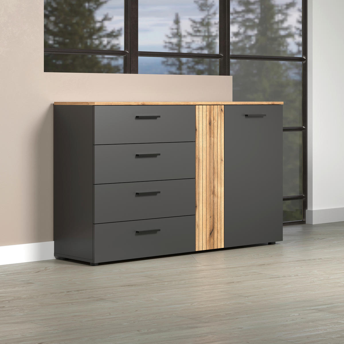 Kommode Esteban anthrazit Eiche Evoke Coast Nachbildung B/H/T: ca. 139x86x38 cm Esteban - Eiche/anthrazit (139,00/86,00/38,00cm)