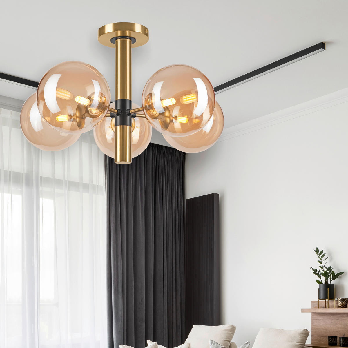 Lamkur Pendelleuchte ROLLO 49311 gold schwarz Stahl Glas H/L: ca. 32x35 cm E27 5 Brennstellen Rollo - gold/schwarz (35,00cm) - Lamkur