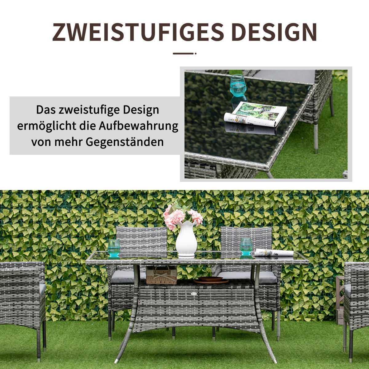 Outsunny Gartentisch grau Polypropylen B/H/L: ca. 85x150x74 cm Gartentisch - schwarz/grau (74,00/85,00/150,00cm) - Outsunny