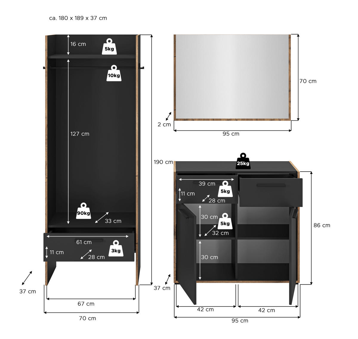 Garderobe Bueno Basalt Nox Oak Nachbildung B/H/T: ca. 180x189x37 cm Bueno - Basalt (180,00/189,00/37,00cm) - xonox.home