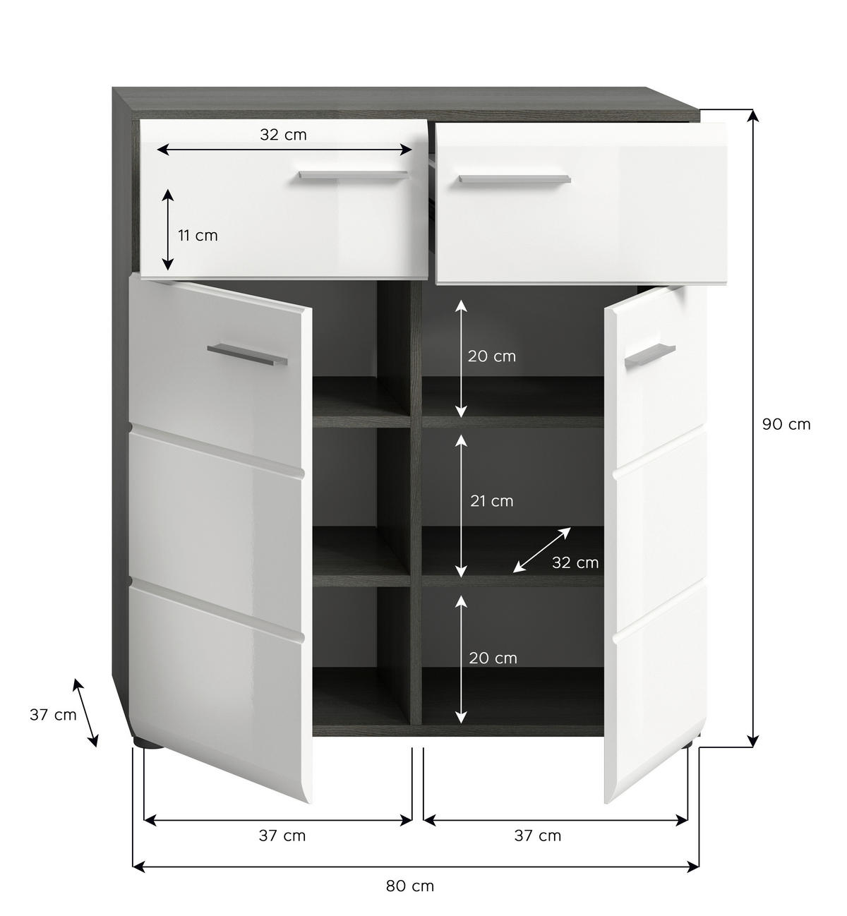 Schuhkommode SALSA Rauchsilber Nachbildung weiß Hochglanz B/H/T: ca. 80x90x37 cm SALSA - weiß (80,00/90,00/37,00cm) - xonox.home