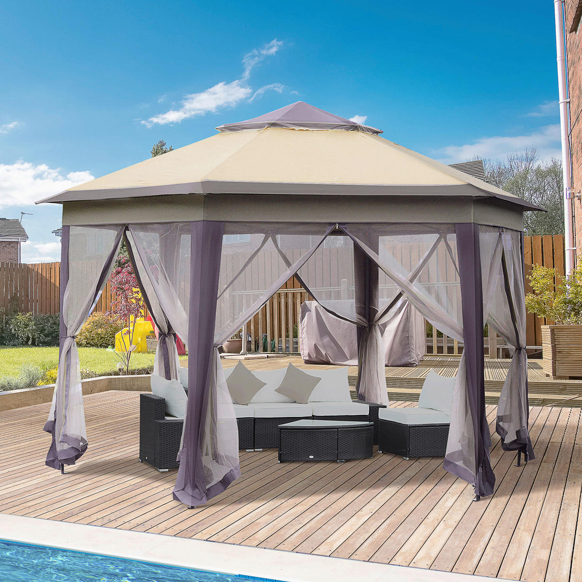 Outsunny Faltpavillon kaffee Mesh B/H/L: ca. 340x285x405 cm Faltpavillon - beige/braun (405,00/340,00/285,00cm) - Outsunny