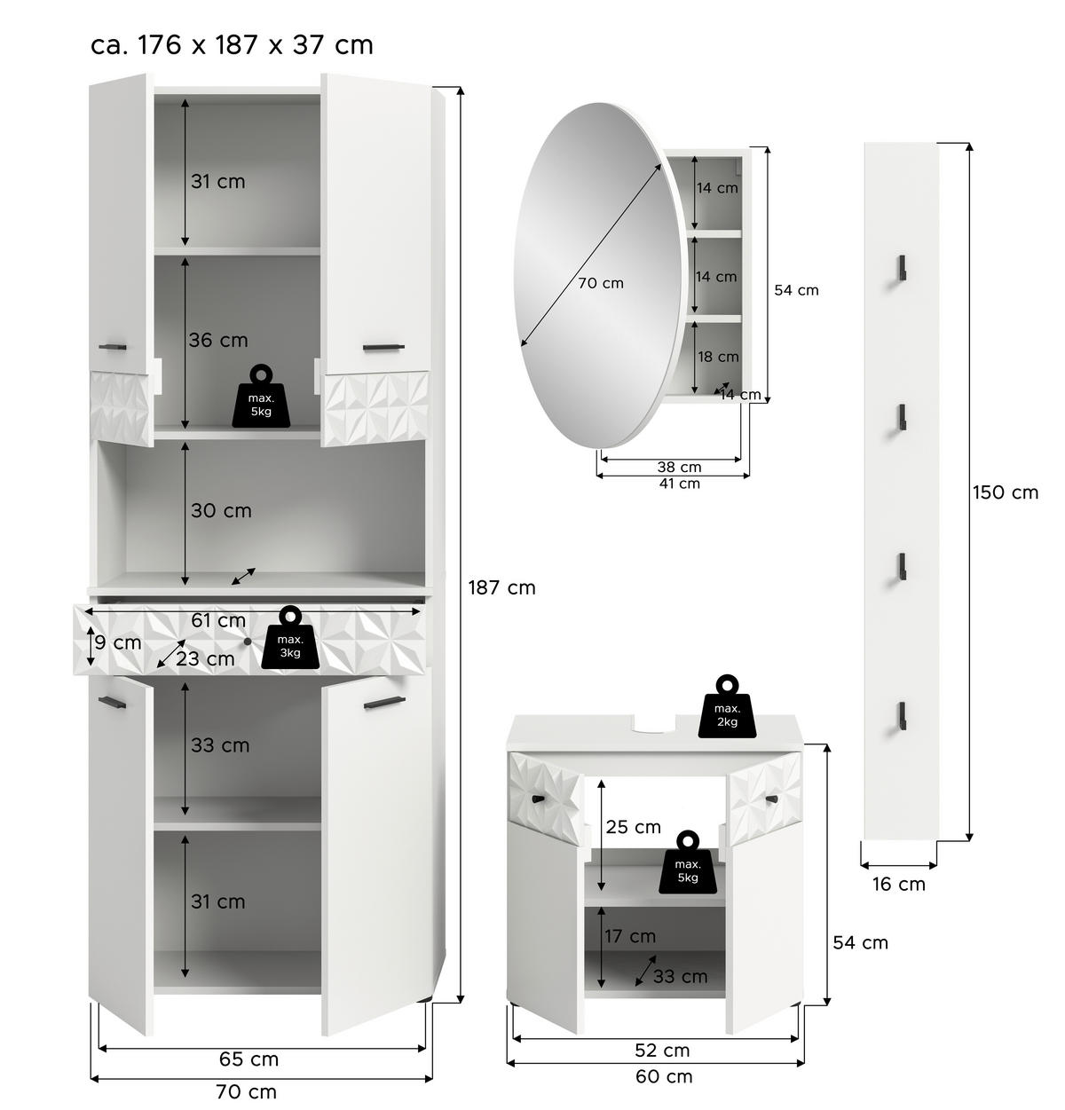 Badezimmer-Set Prisma weiß B/H/T: ca. 110x187x37 cm Prisma - weiß (110,00/187,00/37,00cm) - xonox.home