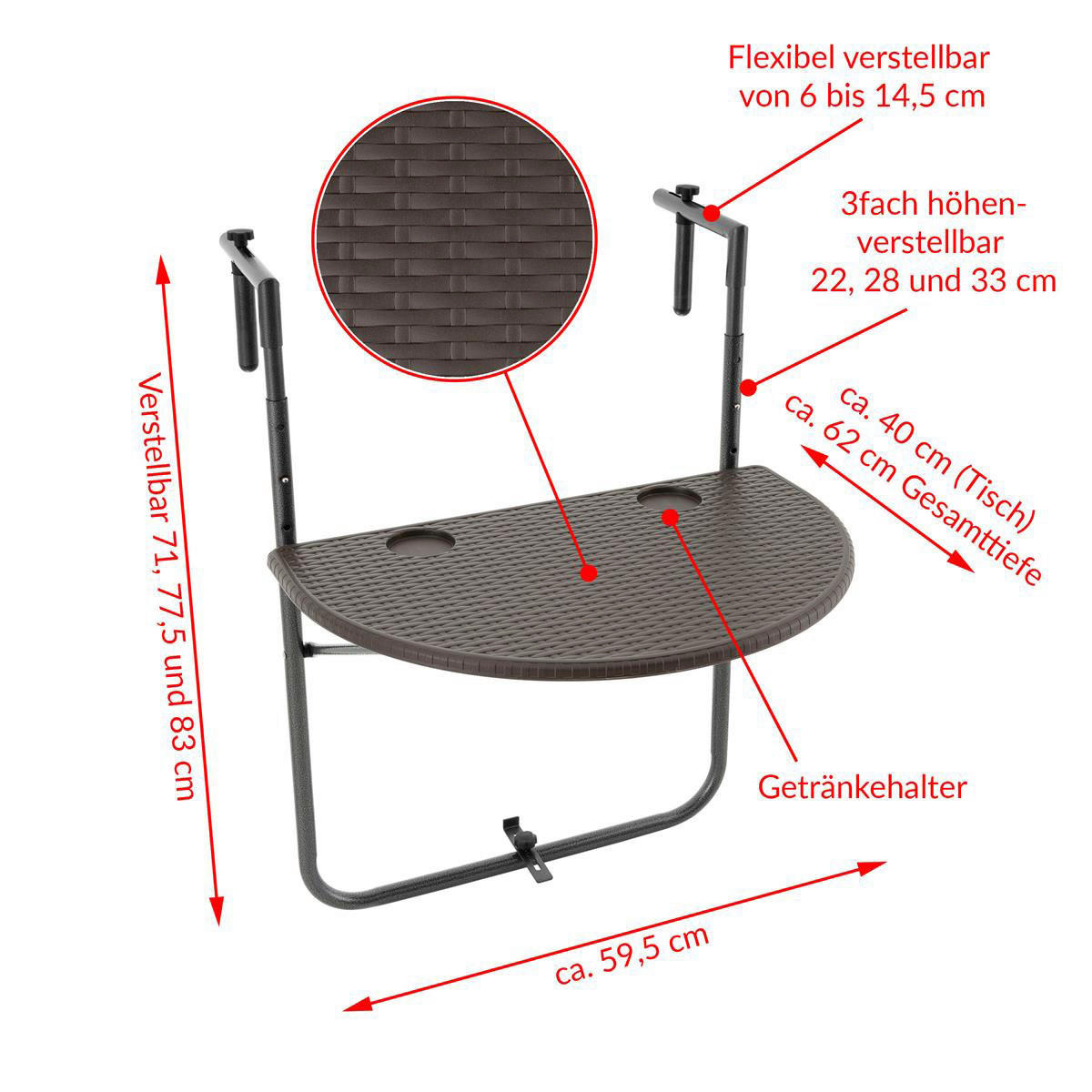 VCM Balkonhängetisch braun Polyrattan B/H/T: ca. 60x83x62 cm Balkon-Hängetisch - braun (60,00/83,00/62,00cm) - VCM