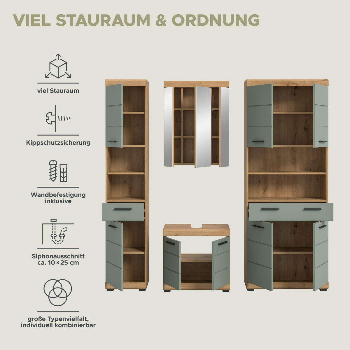 Badezimmer-Set Scout Eiche Artisan Nachbildung salbei Nachbildung B/H/T: ca. 186x191x34 cm Scout - Eiche/salbei (186,00/191,00/34,00cm) - xonox.home