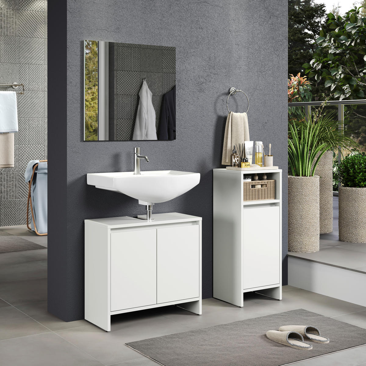 Badezimmer-Set Basix weiß matt grau B/H/T: ca. 107x164x28 cm Basix - weiß/grau (107,00/164,00/28,00cm) - Trendteam