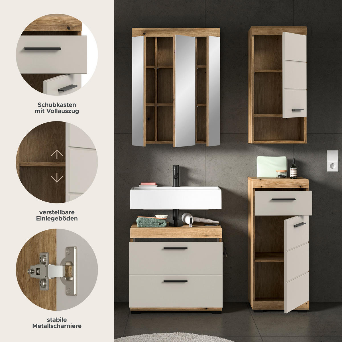 Badezimmer-Set Scout Evoke Oak Nachbildung Kaschmirgrau Nachbildung B/H/T: ca. 112x191x34 cm Scout - Kaschmirgrau (112,00/191,00/34,00cm) - xonox.home