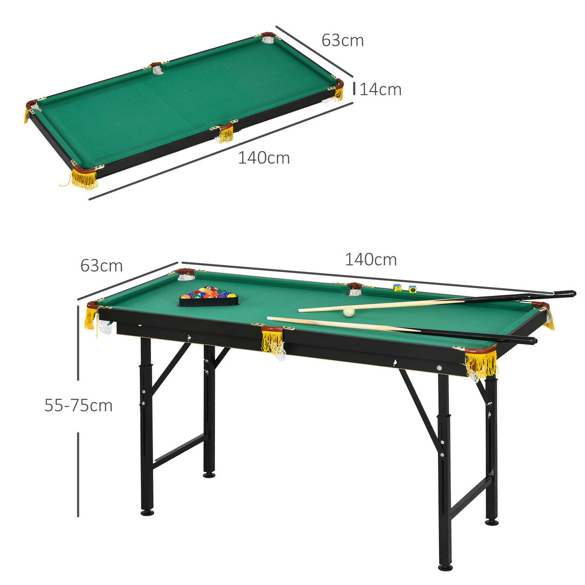 SPORTNOW Billardtisch grün Stahl B/H/L: ca. 63x75x140 cm Billardtisch - grün (140,00/63,00/75,00cm) - SPORTNOW
