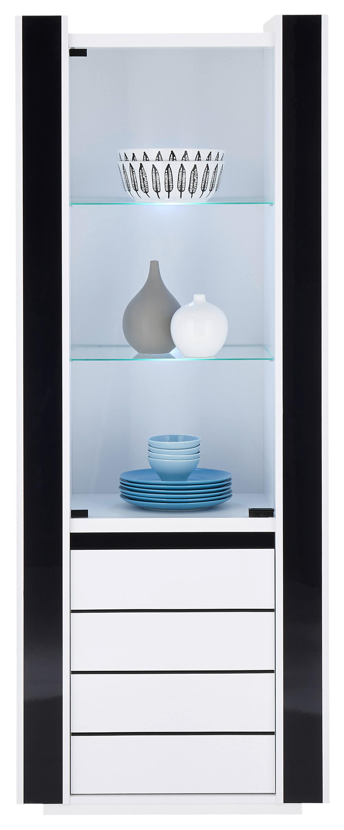 Vitrine Savona weiß Hochglanz schwarz Hochglanz B/H/T: ca. 73x185x45 cm Savona - weiß/schwarz (73,00/185,00/45,00cm)