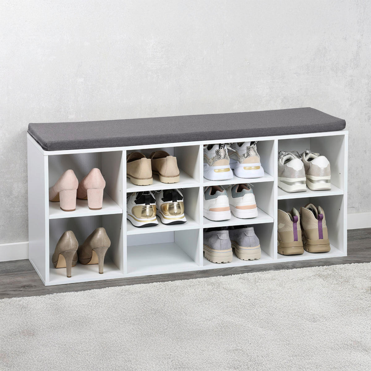 Kesper Schuhschrank mit Sitzkissen grau Textil B/H/L: ca. 29,5x48x1035 cm Schuhschrank_mit_Sitzkissen - weiß/grau (1035,00/29,50/48,00cm) - Kesper