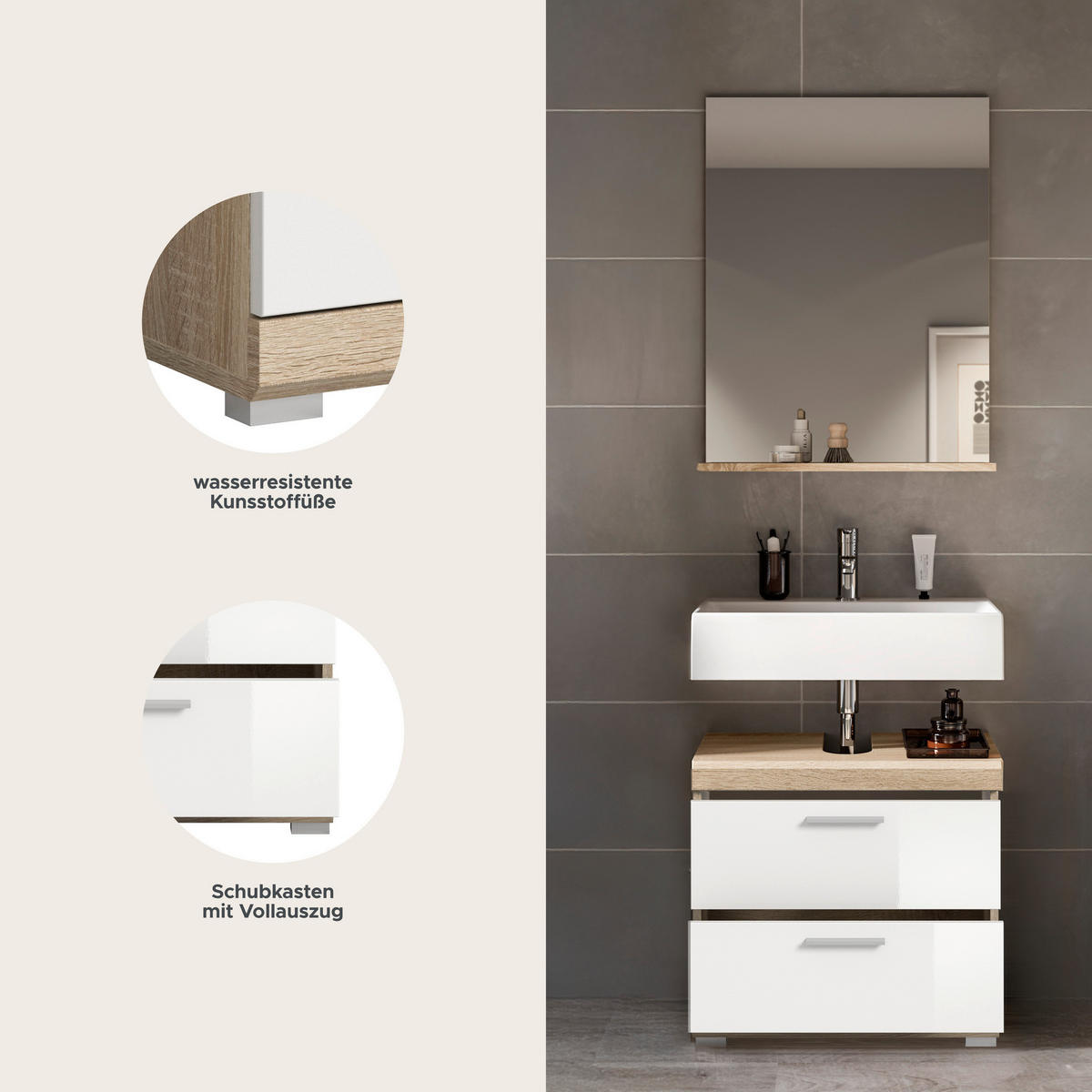 Badezimmer-Set Lambada Eiche Sonoma Nachbildung weiß Hochglanz B/H/T: ca. 60x191x37 cm Lambada - Eiche/weiß (60,00/191,00/37,00cm) - xonox.home