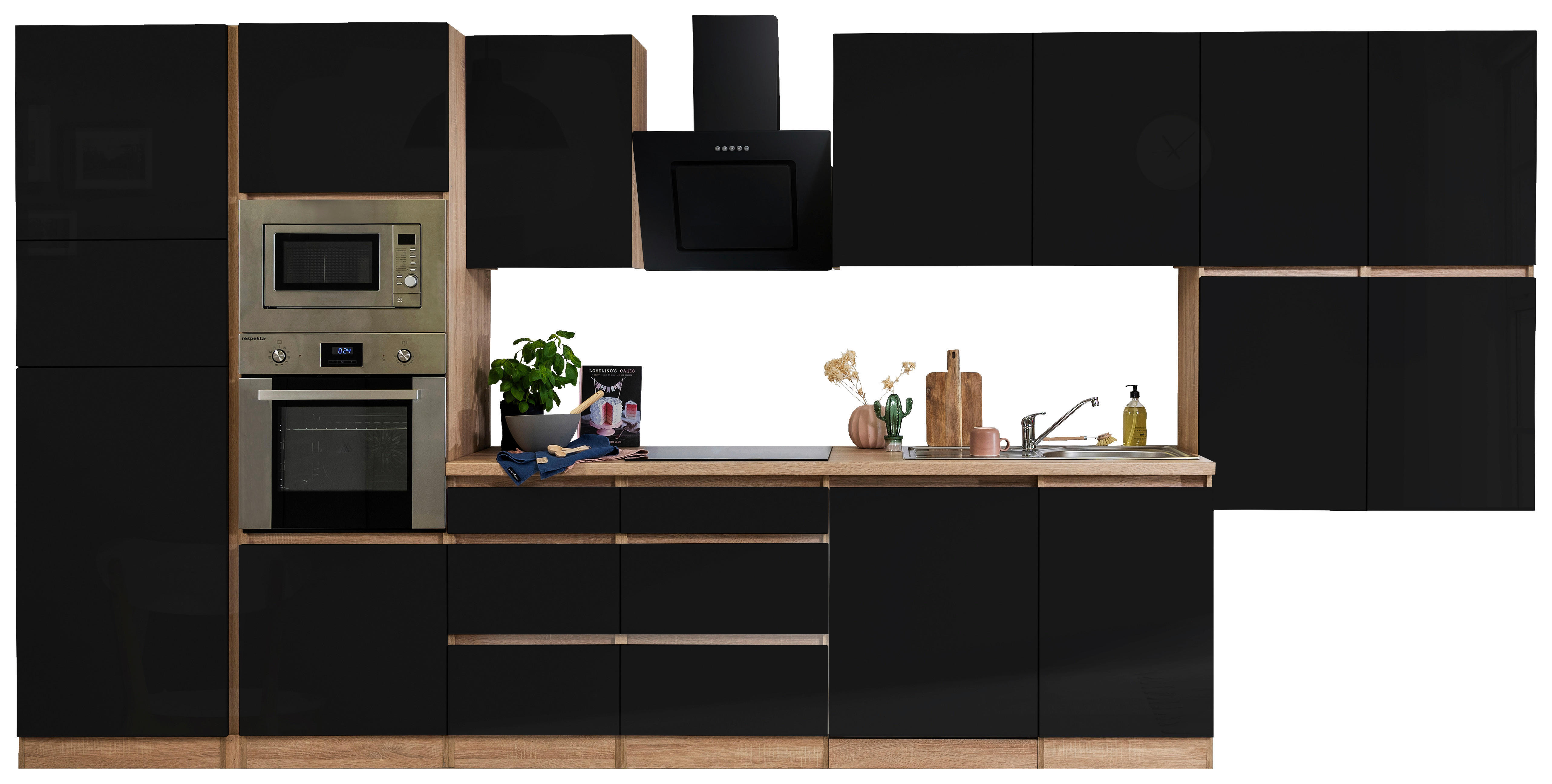 Respekta Küchenblock Premium schwarz hochglänzend B/H/T: ca. 445x220,5x60 cm Premium - Eiche/schwarz (445,00/220,50/60,00cm)
