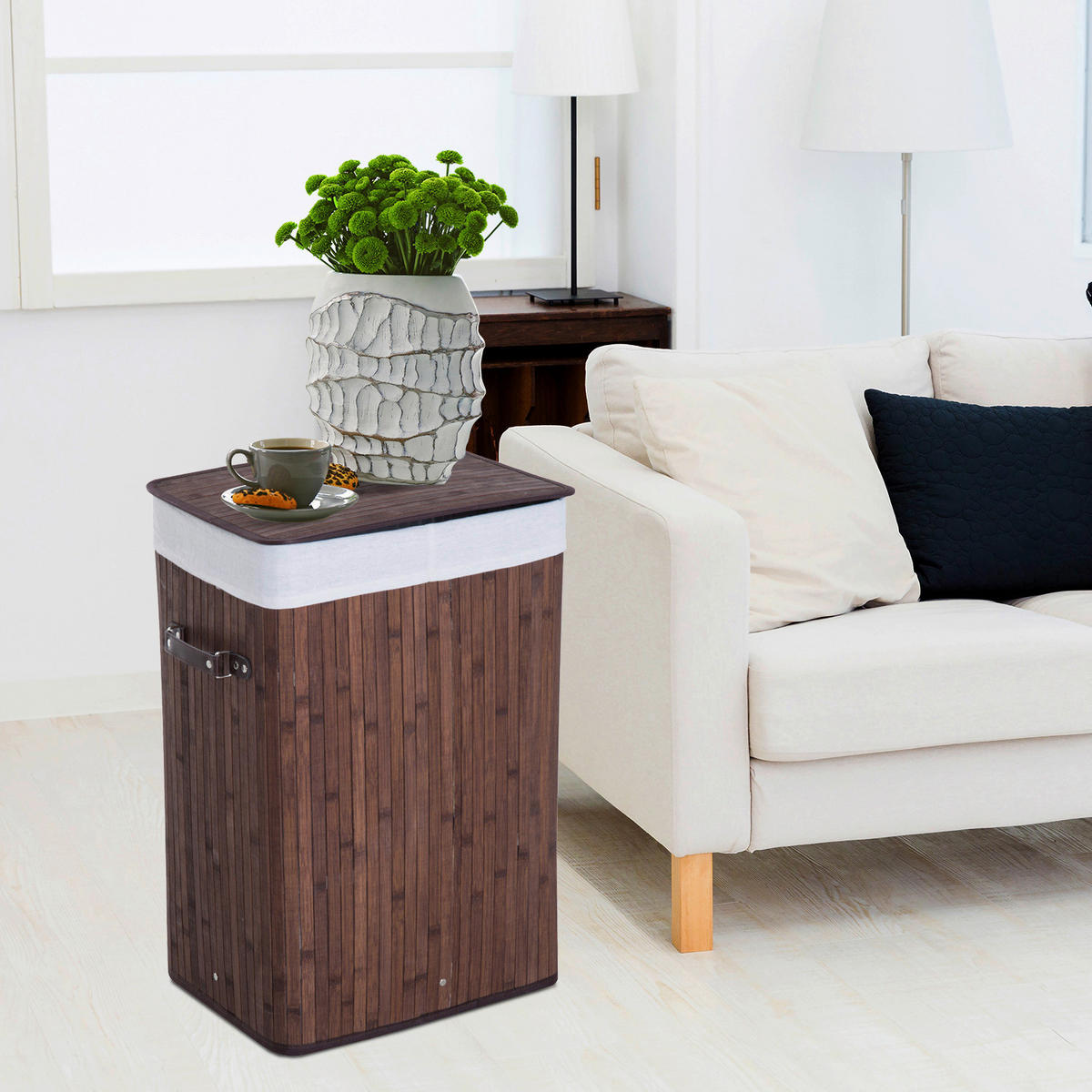Wäschekorb mit 2 Tragegriffen dunkelbraun Bambus Stoff Kunststoff B/H/L: ca. 30x60x40 cm Wäschekorb 850-017BN - dunkelbraun (40,00/30,00/60,00cm) - HOMCOM