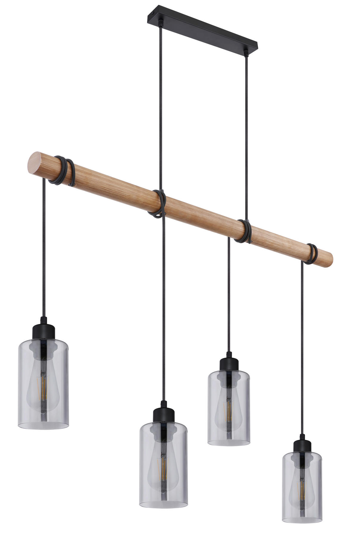 GLOBO Pendelleuchte HADERA 15465-4H1 schwarz natur Metall Holz Rauchglas B/H/T: ca. 98x130x15 cm E27 4 Brennstellen HADERA - natur/schwarz (98,00/130,00/15,00cm) - GLOBO