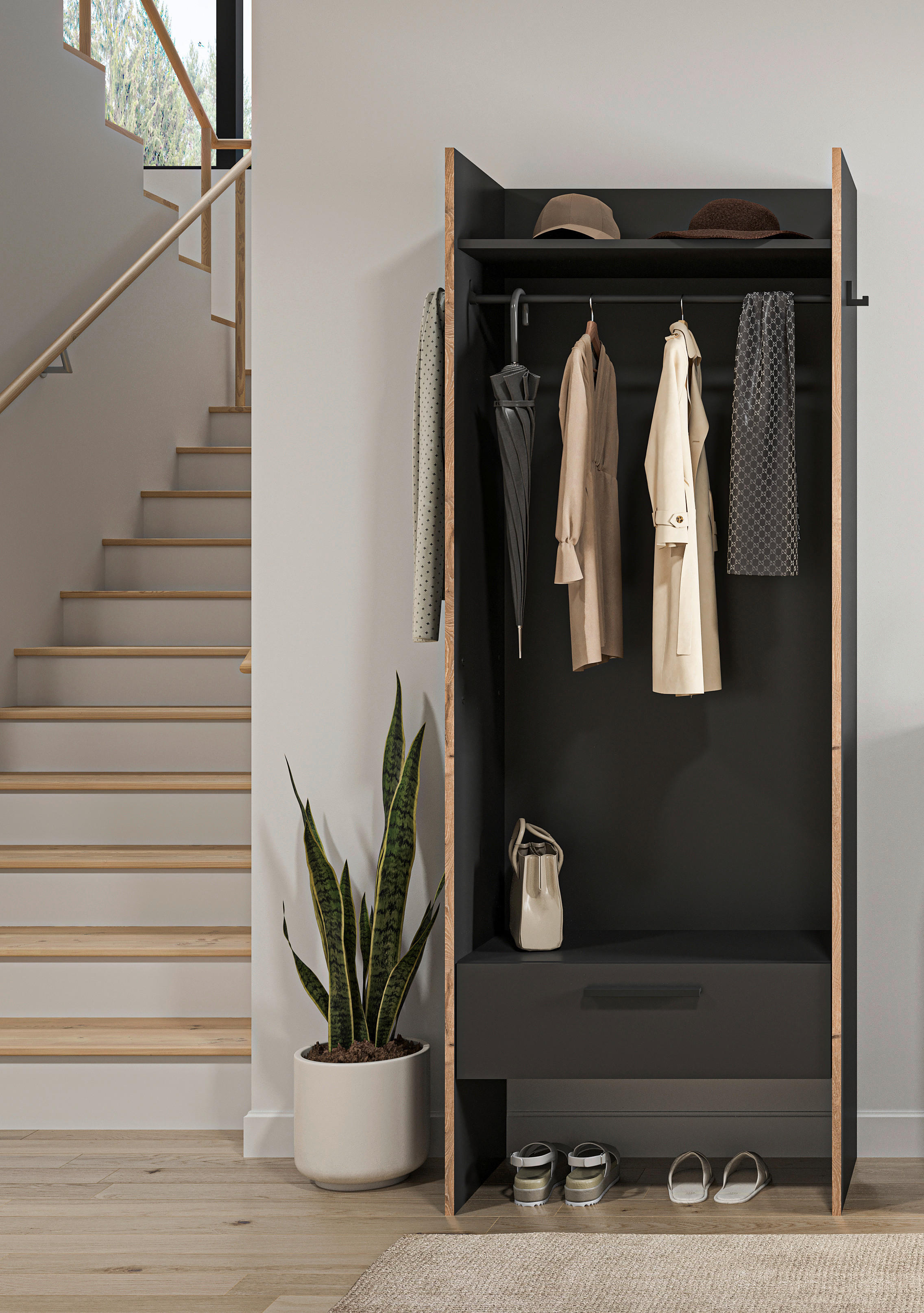Garderobenschrank Bueno Basalt Nox Oak Nachbildung B/H/T: ca. 70x189x37 cm Bueno - Basalt (70,00/189,00/37,00cm) - xonox.home