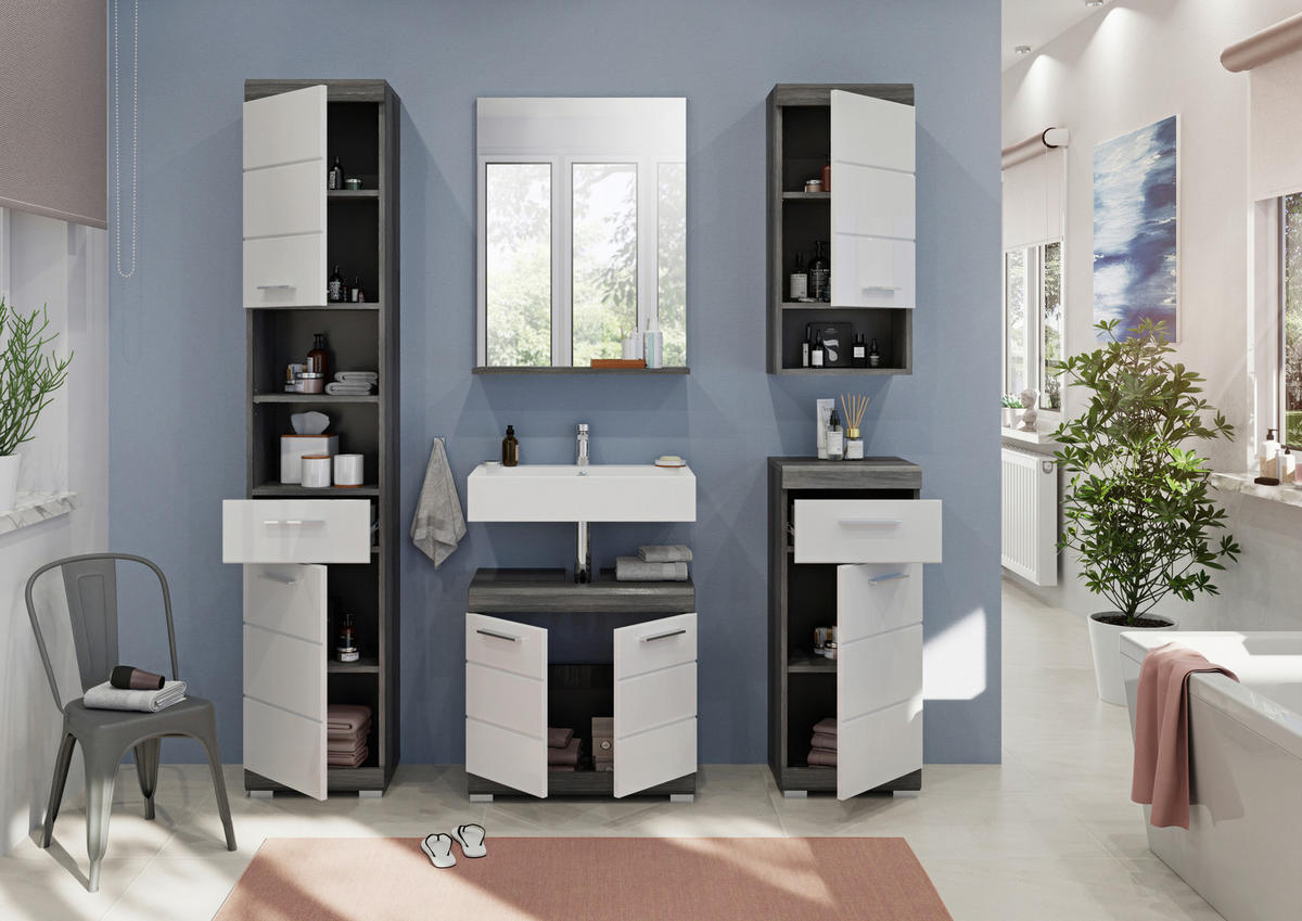 Badezimmer-Set Scout Eiche Rauchsilber Nachbildung weiß Hochglanz B/H/T: ca. 164x191x34 cm Scout - Eiche/weiß (164,00/191,00/34,00cm) - xonox.home