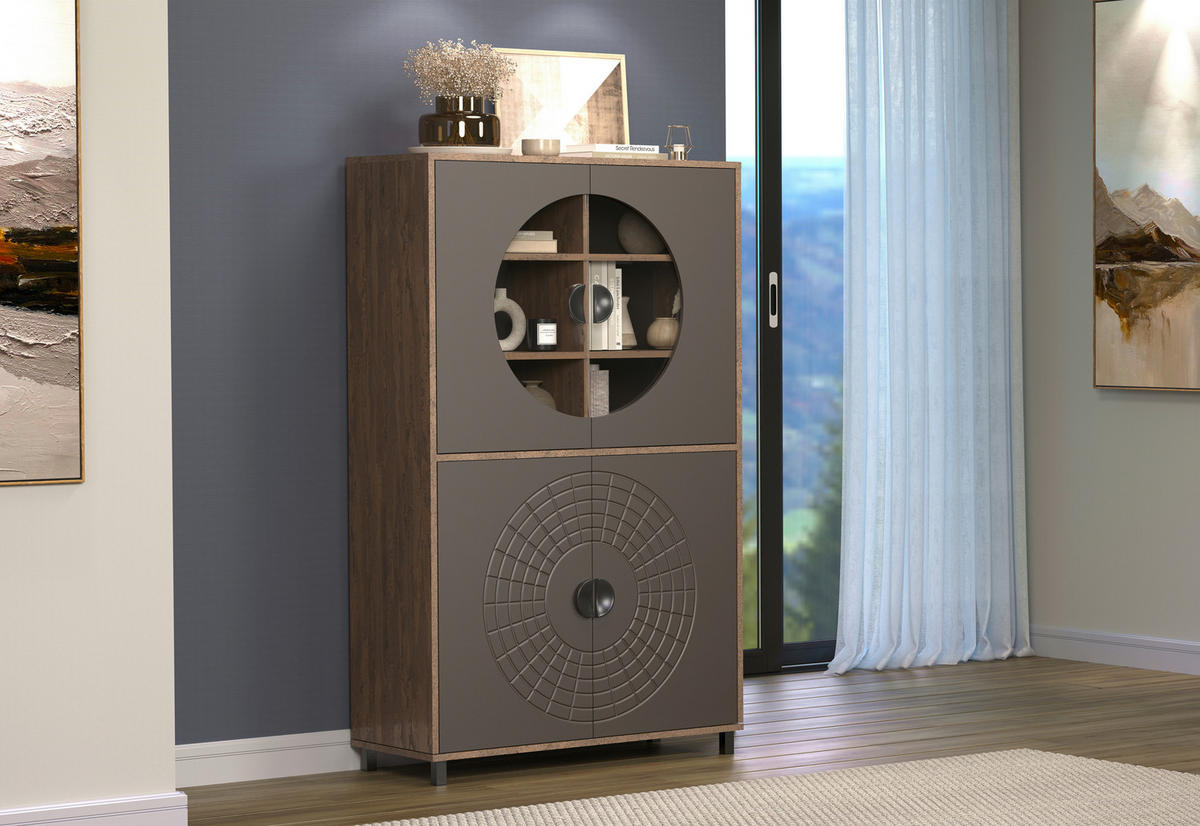 Highboardvitrine Fusion Eiche dunkel Nachbildung bronze Optik B/H/T: ca. 97x163x42 cm Fusion - Eiche/bronze (97,00/163,00/42,00cm)