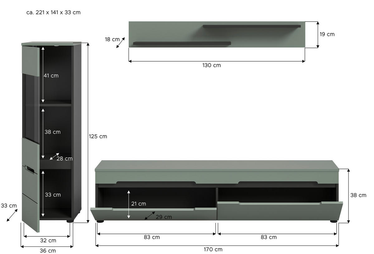 Wohnwand Canu grün basaltgrau Nachbildung B/H/T: ca. 221x141x33 cm Canu - basaltgrau/grün (221,00/141,00/33,00cm) - xonox.home