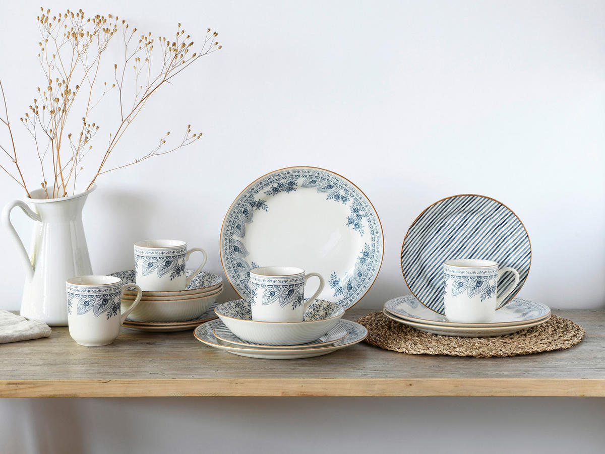 CreaTable Tafelservice Euböa blau Steingut 16 tlg. Euböa - blau (33,00/33,00/30,50cm) - CreaTable