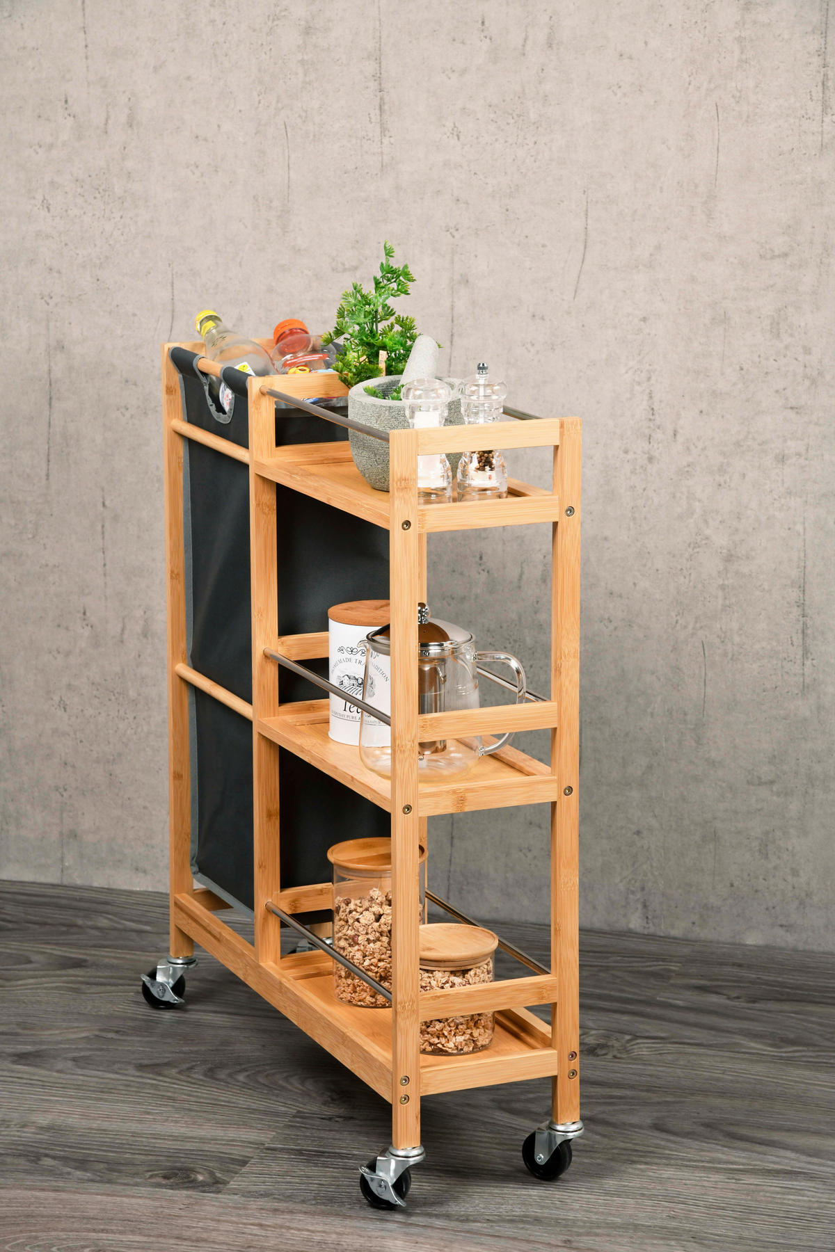 Kesper Nischenwagen grau Bambus B/H/L: ca. 24,5x9,5x79 cm Nischenwagen mit Flaschensammler - natur/grau (79,00/24,50/9,50cm) - Kesper