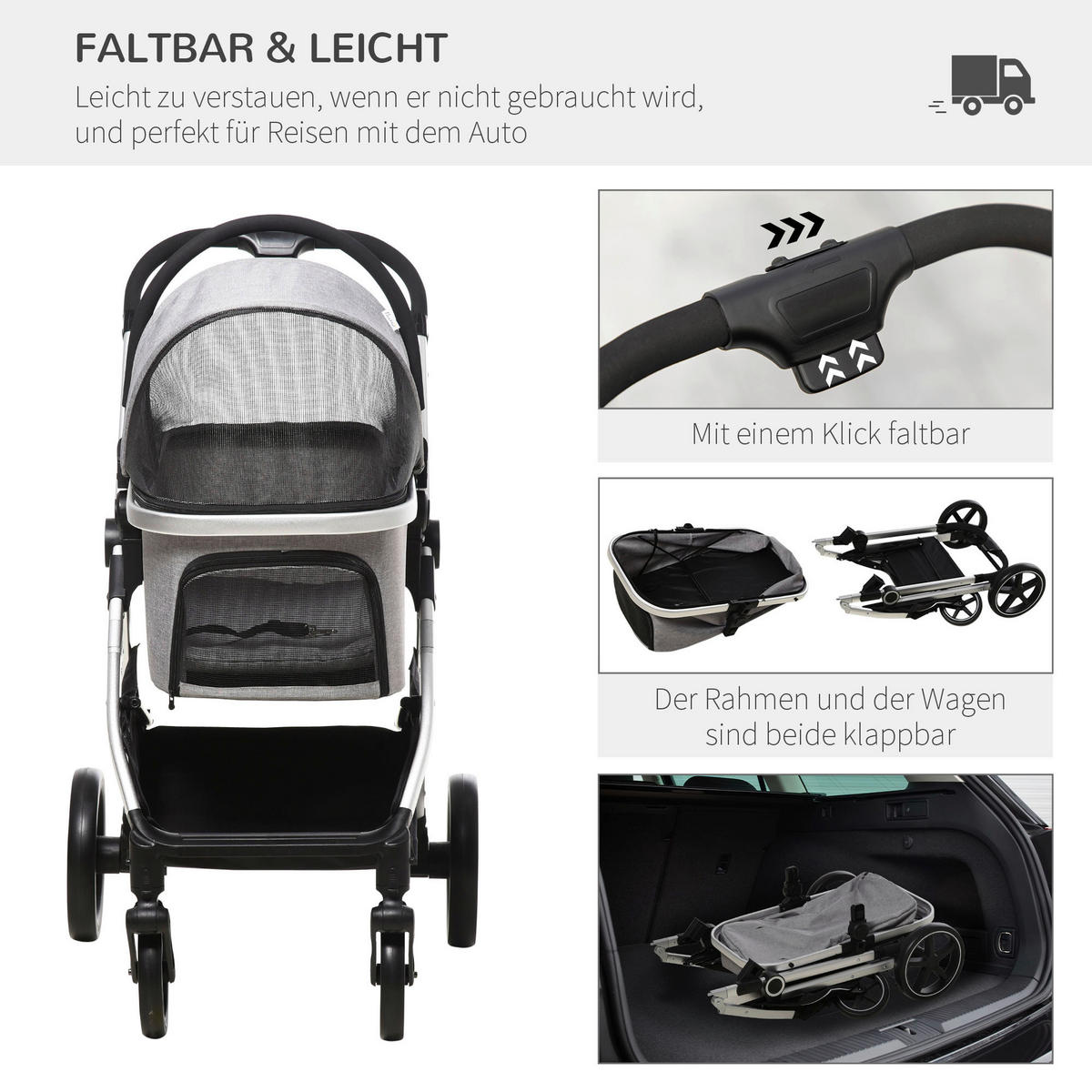 PawHut Hunde-Zubehör hellgrau Edelstahl B/H/L: ca. 58x83x102 cm Hundewagen - hellgrau (102,00/58,00/83,00cm) - PawHut