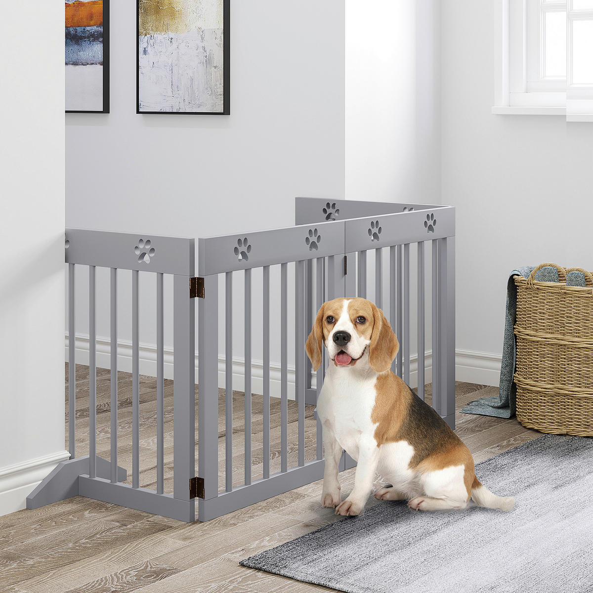 PawHut Hunde-Absperrgitter grau Kiefer B/H/L: ca. 30x61x204 cm Hunde-Absperrgitter - grau (204,00/30,00/61,00cm) - PawHut