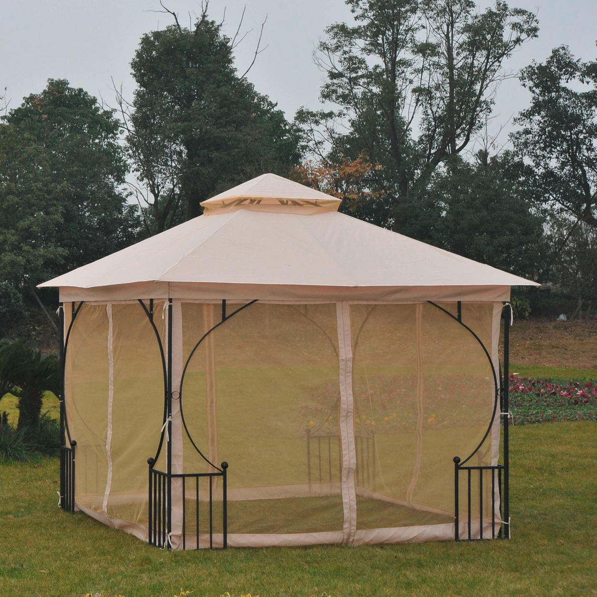 Outsunny Gartenpavillon beige Metall B/H/L: ca. 300x275x300 cm Gartenpavillon_mit_Doppeldach - beige/schwarz (300,00/300,00/275,00cm) - Outsunny
