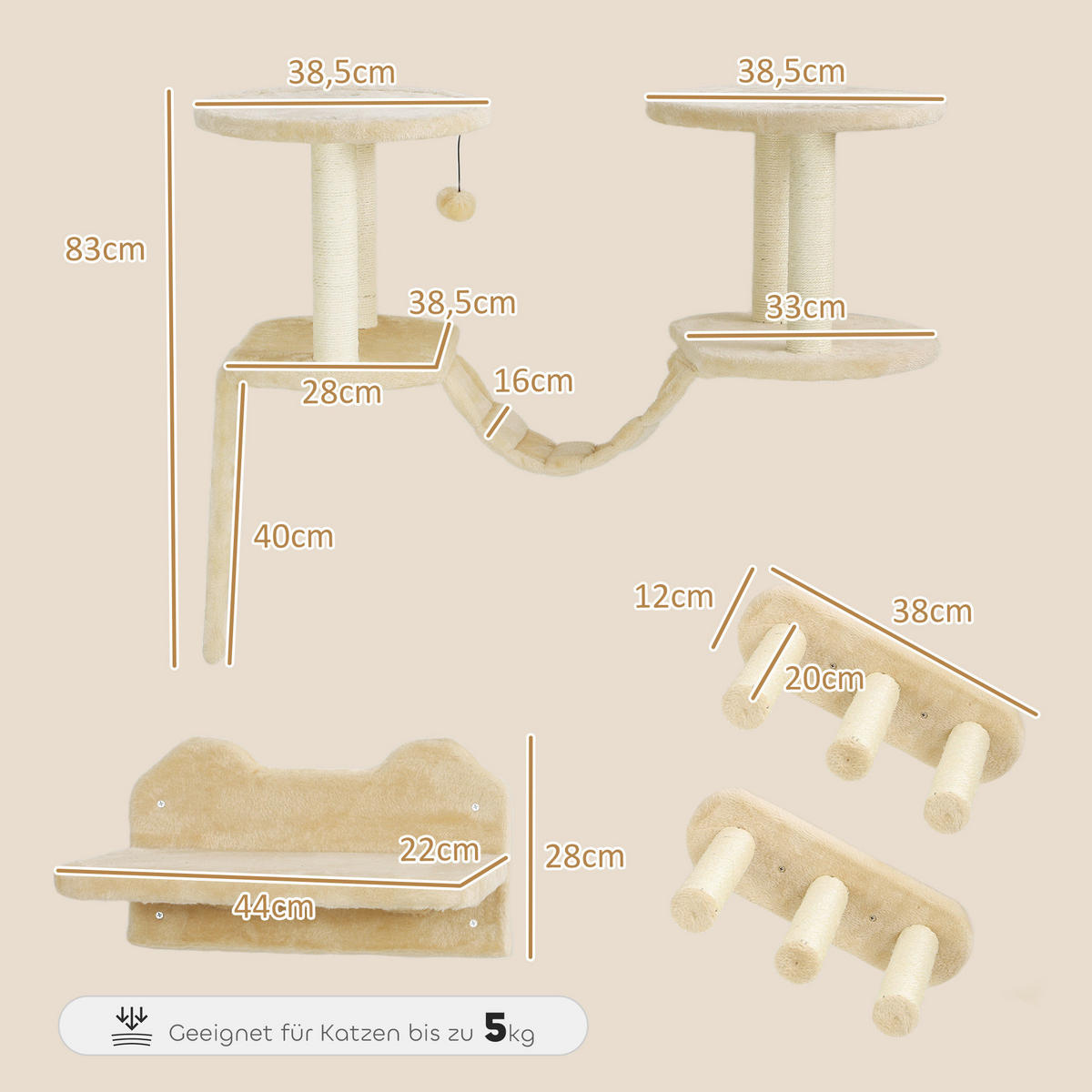 PawHut Katzen Kletterwand Set beige Spanplatte B/H/L: ca. 38,5x83x158 cm Katzen Kletterwand Set - beige (158,00/38,50/83,00cm) - PawHut