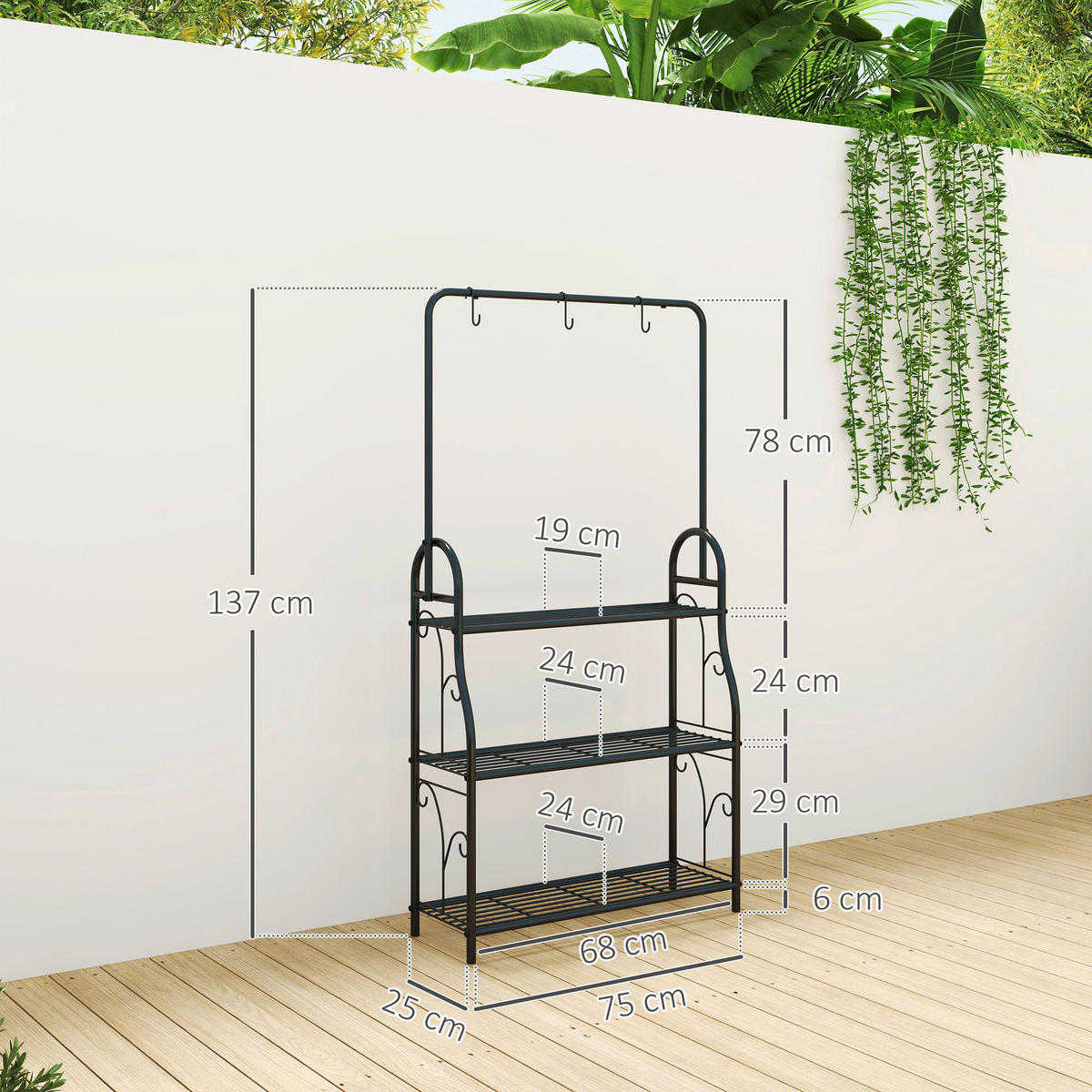Outsunny Pflanzenständer schwarz Metall B/H/L: ca. 25x137x75 cm Pflanzenständer - schwarz (75,00/25,00/137,00cm) - Outsunny