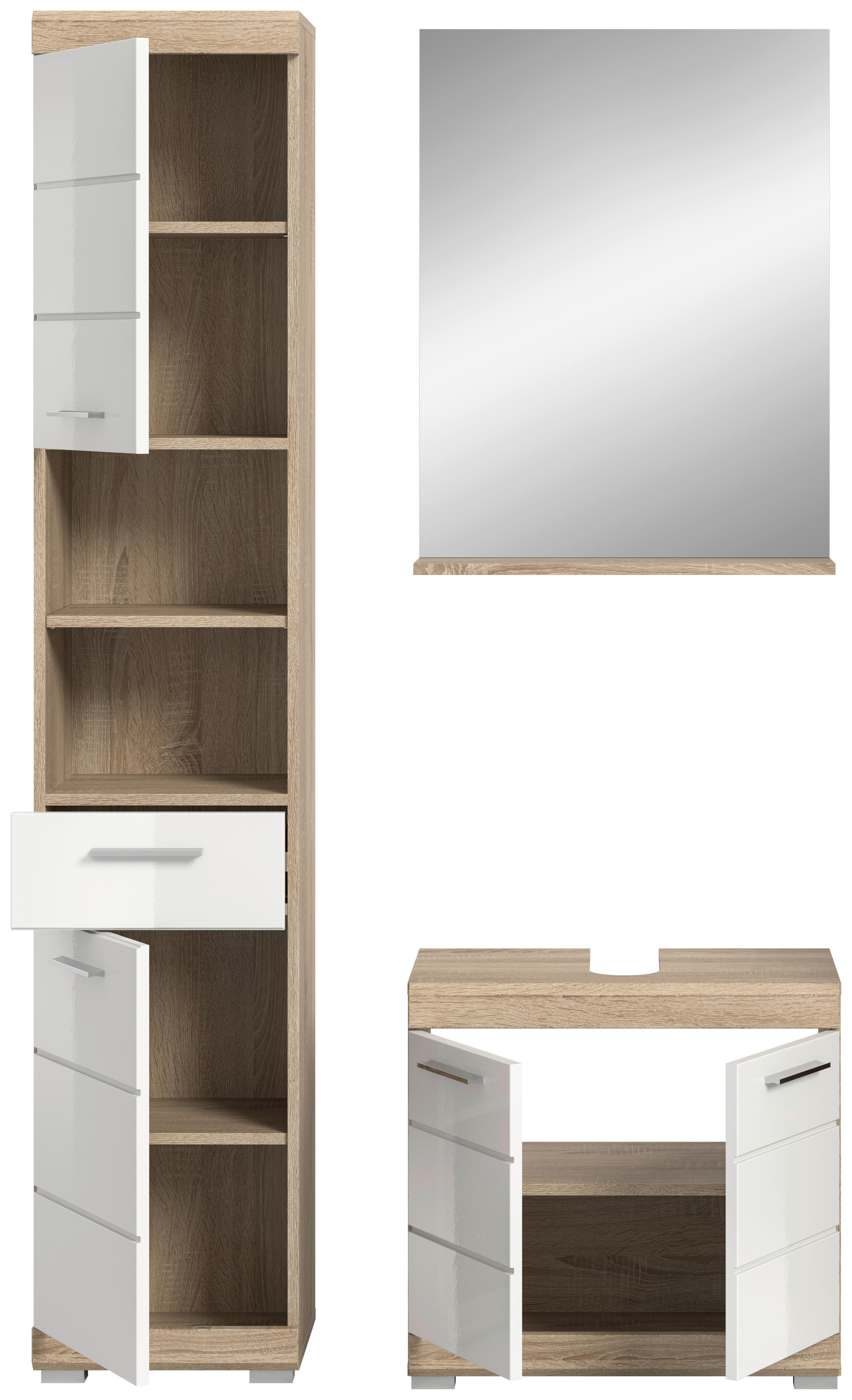 Badezimmer-Set Lambada Eiche Sonoma Nachbildung weiß Hochglanz B/H/T: ca. 112x191x34 cm Lambada - Eiche/weiß (112,00/191,00/34,00cm) - xonox.home
