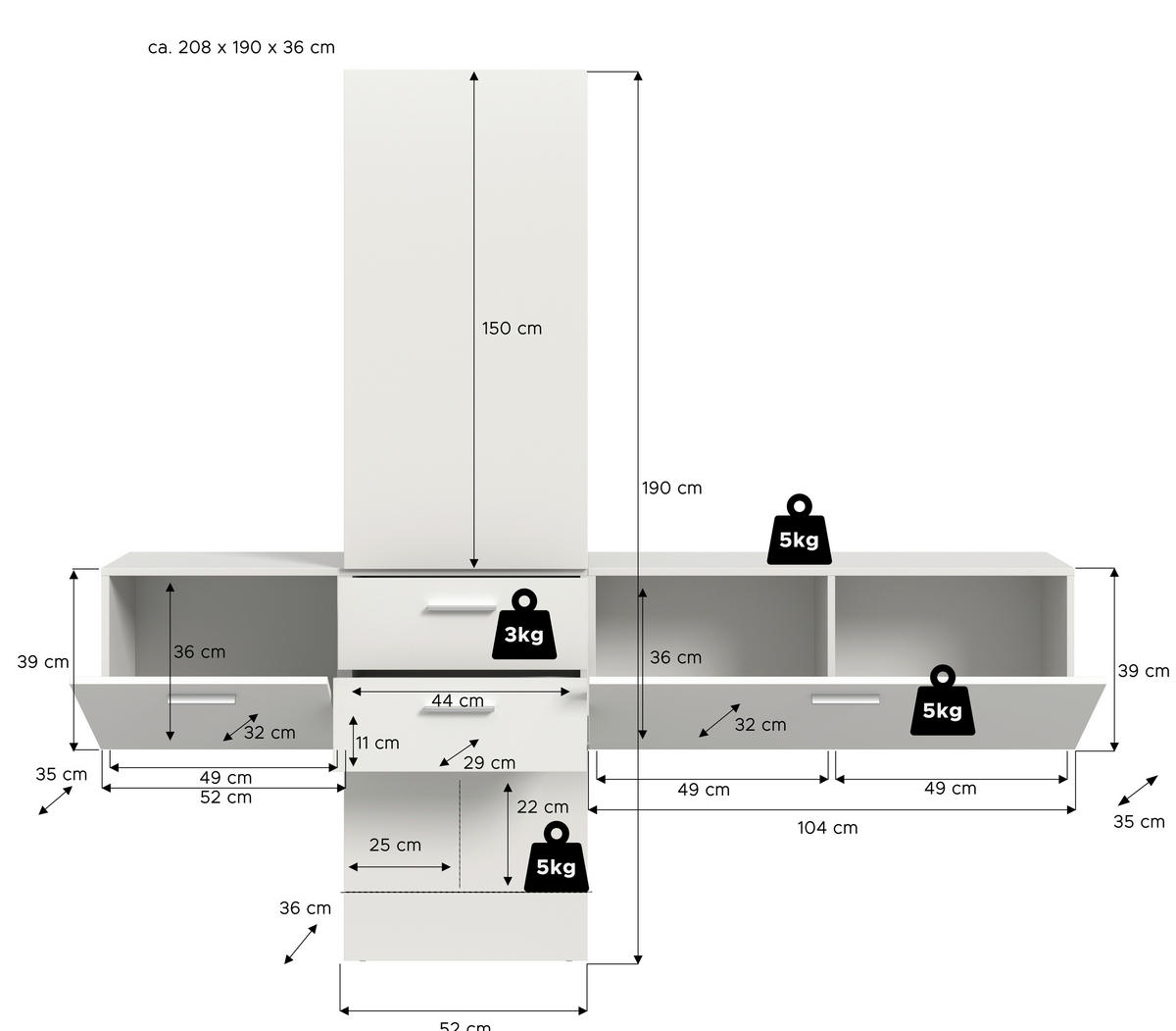 Garderobe VAGA weiß B/H/T: ca. 208x190x36 cm VAGA - weiß (208,00/190,00/36,00cm) - xonox.home