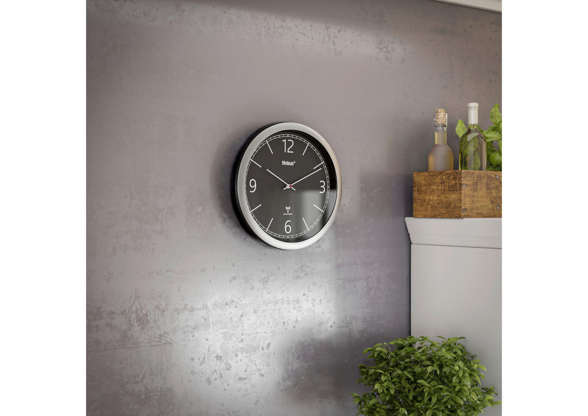 Mebus Wanduhr silber D: ca. 25 cm Wanduhr_Funk - schwarz/silber (25,00cm) - Mebus