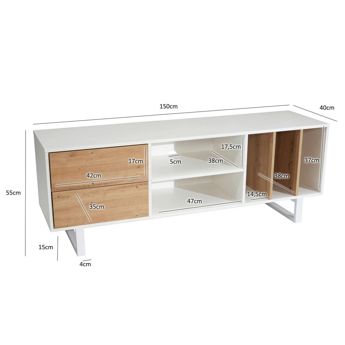 Lowboard weiß Eiche Optik B/H/T: ca. 150x55x40 cm TV & Lowboard - weiß (150,00/55,00/40,00cm) - Wohnling