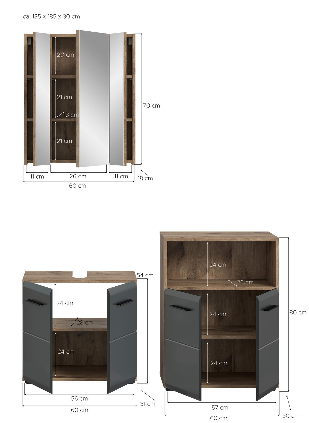 Badezimmer-Set Ice Nox Oak Nachbildung schwarz matt B/H/T: ca. 135x185x30 cm Ice - schwarz (135,00/185,00/30,00cm) - xonox.home