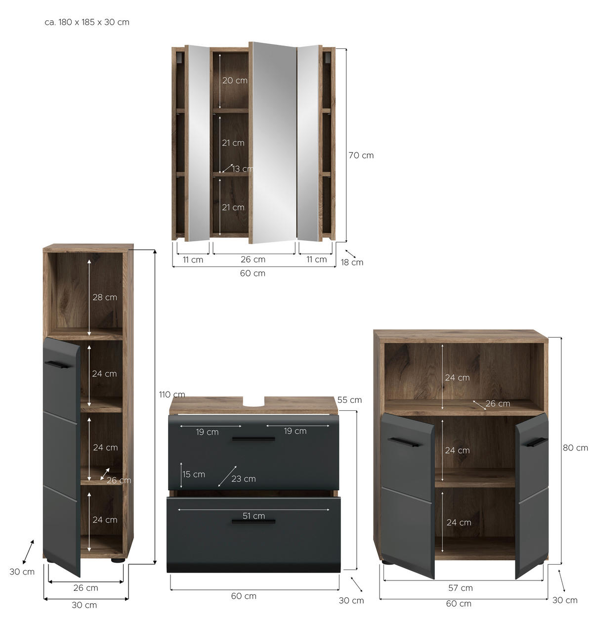Badezimmer-Set Ice Nox Oak Nachbildung schwarz matt B/H/T: ca. 180x185x30 cm Ice - schwarz (180,00/185,00/30,00cm) - xonox.home