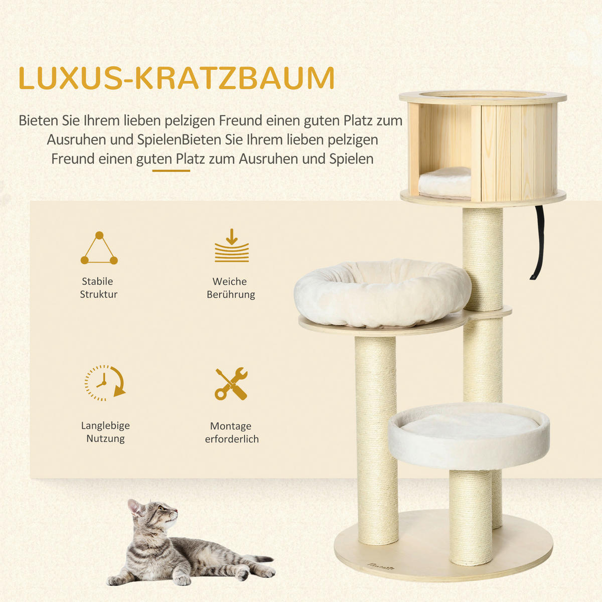 PawHut Kratzbaum natur Kiefer B/H/L: ca. 59,5x122x59,5 cm Kratzbaum - natur/creme (59,50/59,50/122,00cm) - PawHut