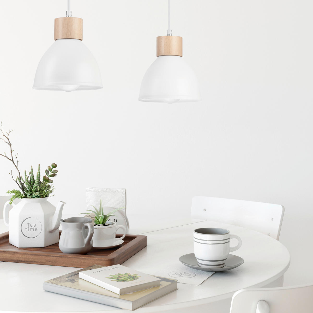 Lamkur Pendelleuchte weiß Stahl Holz B/H/L: ca. 13x82x48 cm E27 2 Brennstellen NICO - weiß (48,00/13,00/82,00cm) - Lamkur