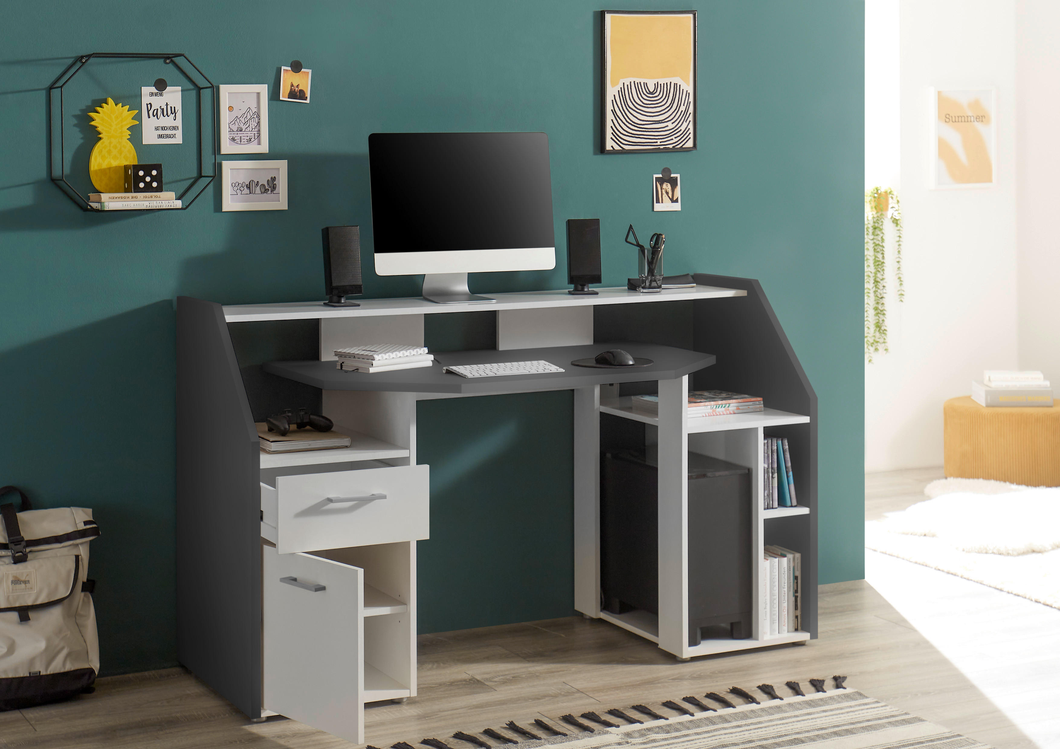 Thumbnail - Gamingschreibtisch Alex weiß Graphit B/H/T: ca. 160x95x67 cm