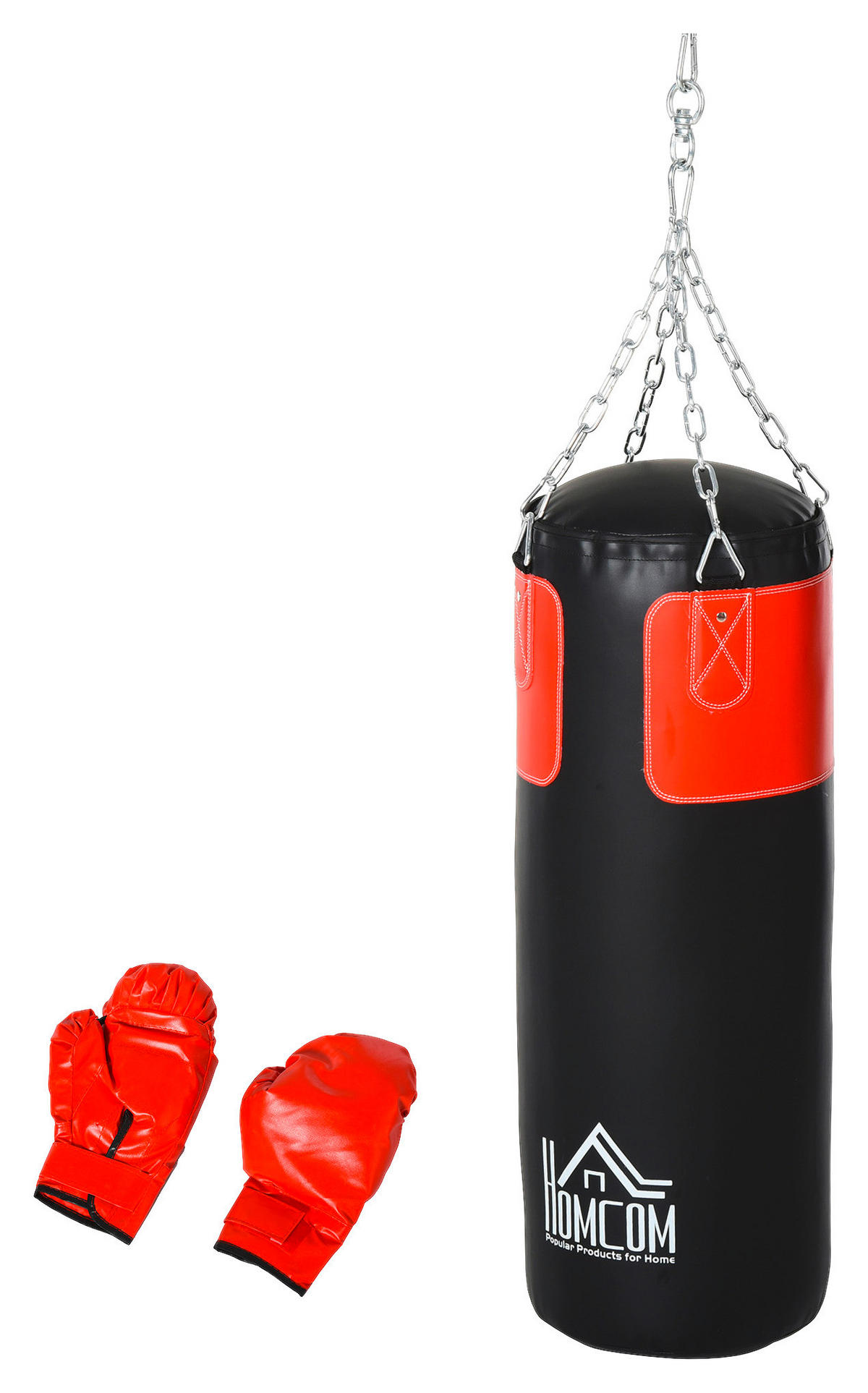 HOMCOM Boxsack mit Boxhandschuhen schwarz Stahl H/D: ca. 120x30 cm Boxsack_mit_Boxhandschuhen - rot/schwarz (30,00/120,00cm) - HOMCOM