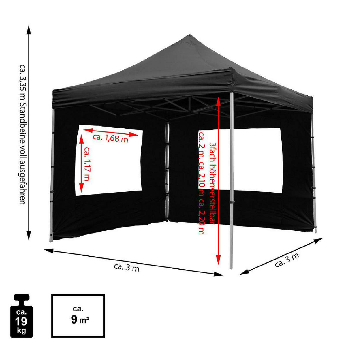 VCM Faltpavillon PROFI schwarz Polyester-Mischgewebe B/H/T: ca. 300x220x300 cm PROFI - schwarz (300,00/220,00/300,00cm) - VCM