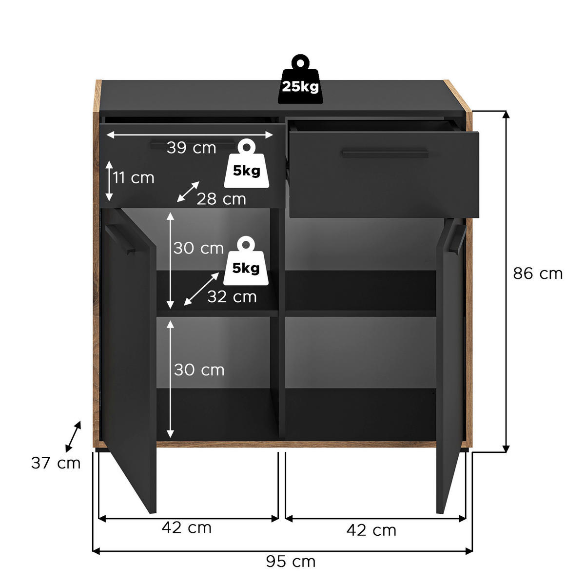 Kommode Bueno Basalt Nox Oak Nachbildung B/H/T: ca. 95x86x37 cm Bueno - Basalt (95,00/86,00/37,00cm) - xonox.home