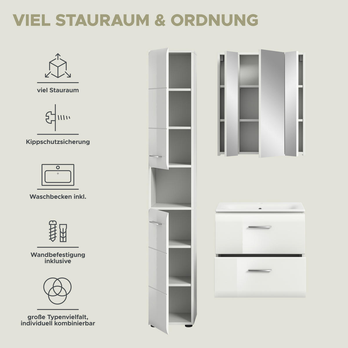 Badezimmer-Set Ice weiß weiß Hochglanz B/H/T: ca. 105x185x46 cm Ice - weiß (105,00/185,00/46,00cm) - xonox.home