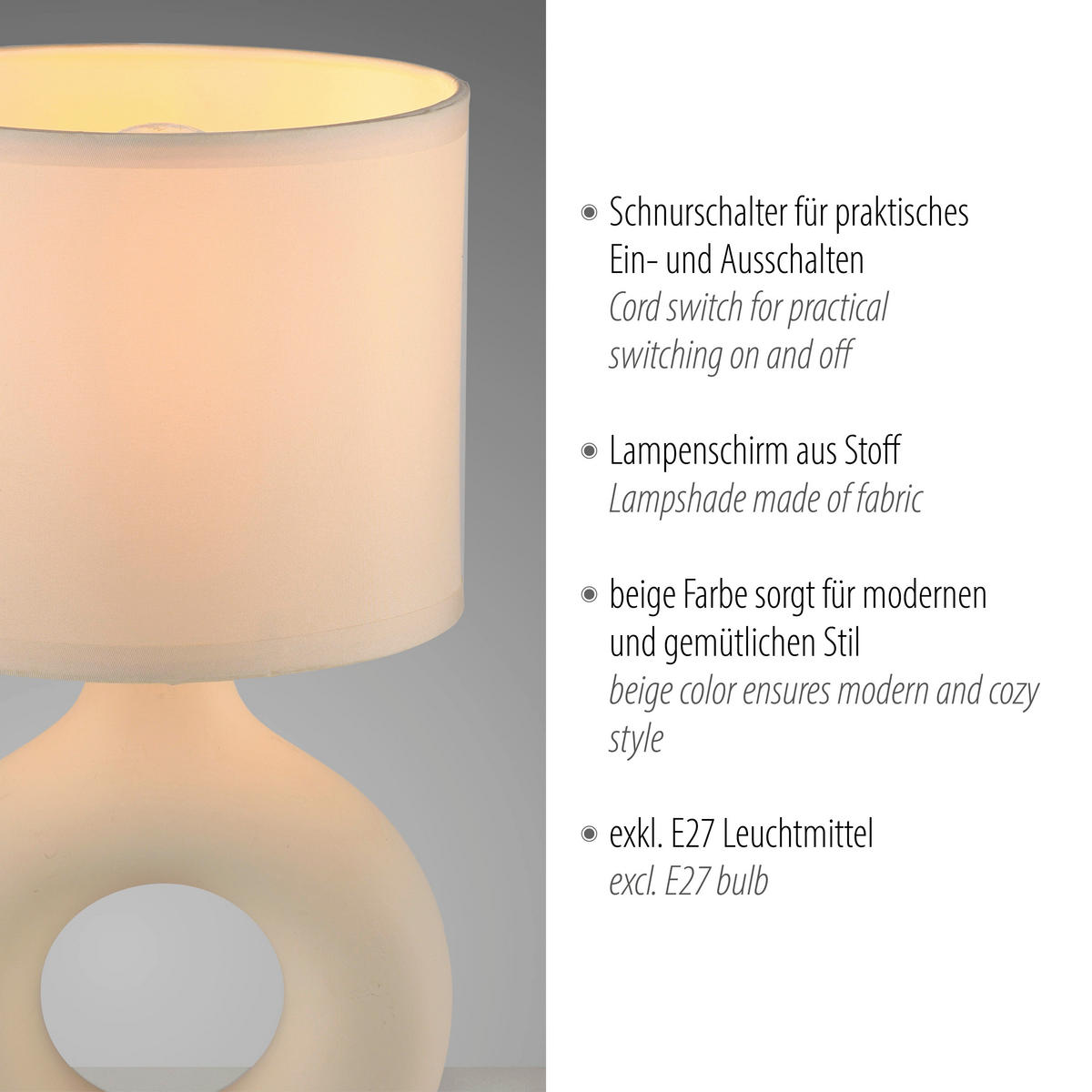 Just Light Tischleuchte beige Stoff Keramik H/L/D: ca. 30x16x16 cm null 1 Brennstellen Tischleuchte_Carara - beige (16,00/30,00cm) - Just Light