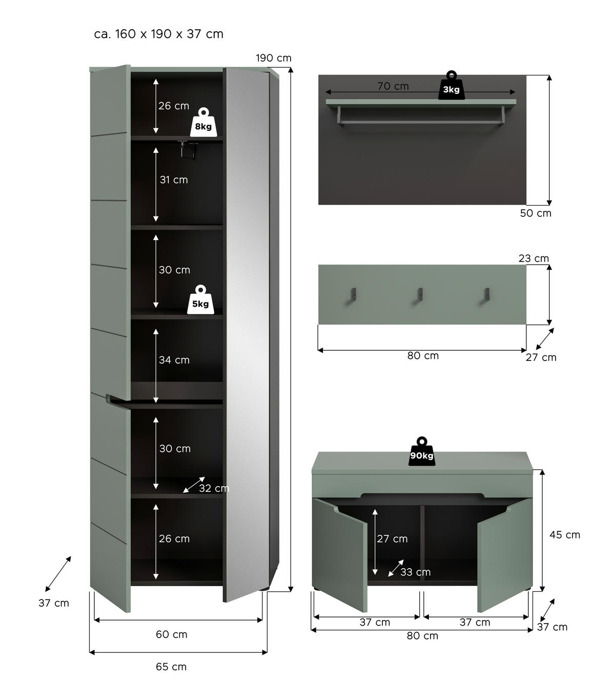 Garderobe Canu grün basaltgrau Nachbildung B/H/T: ca. 160x190x37 cm Canu - basaltgrau/grün (160,00/190,00/37,00cm) - xonox.home