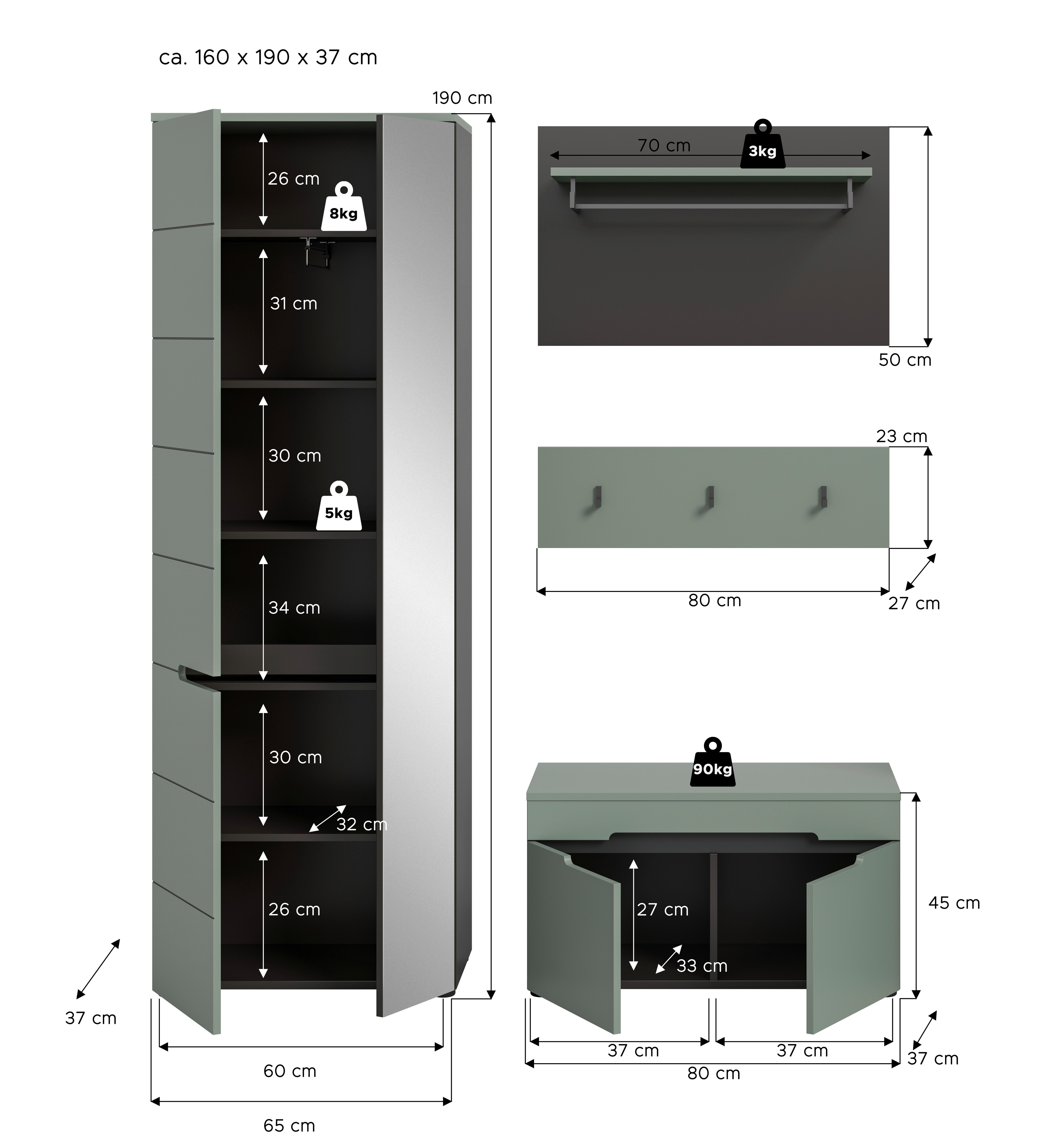 Thumbnail - Garderobe Canu grün basaltgrau Nachbildung B/H/T: ca. 160x190x37 cm