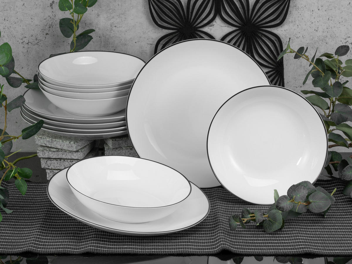 CreaTable Tafelservice Luna Black Line weiß Porzellan 12 tlg. Luna Black Line - weiß - CreaTable
