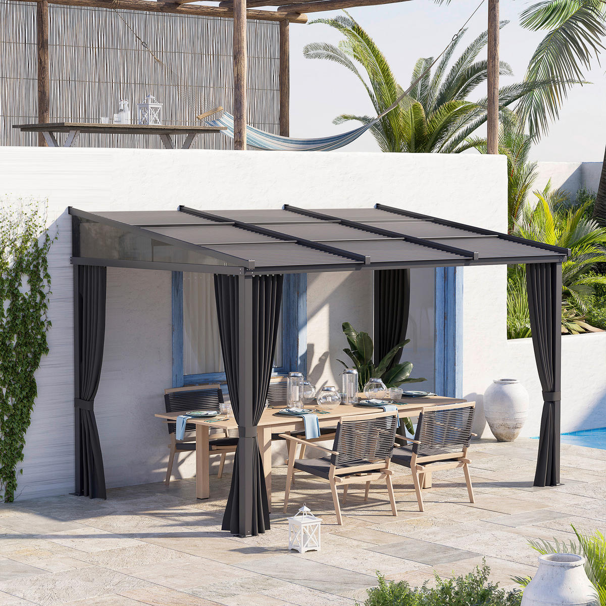 Outsunny Pergola mit Schiebeelementen grau Polyester B/H/L: ca. 255x242x365 cm Pergola_mit_Schiebeelementen - grau (365,00/255,00/242,00cm) - Outsunny